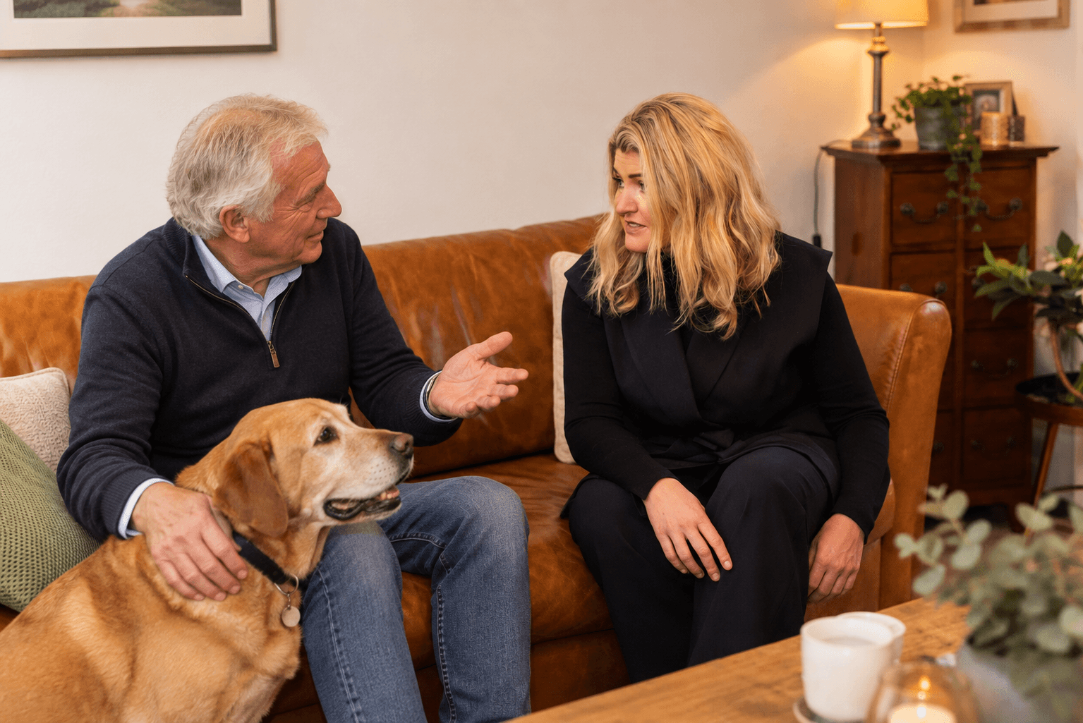 Makelaar in gesprek met een verkoper bij hem thuis op de bank